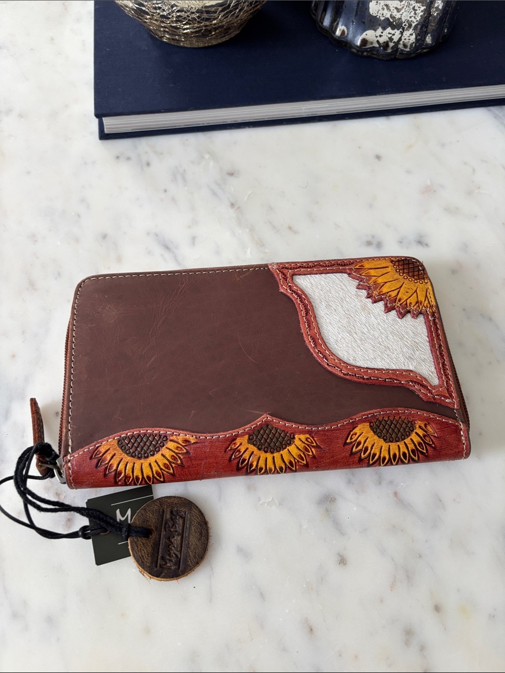 Myra Bag Brown Leather Zip Wallet with Sunflower AppliquΓ©